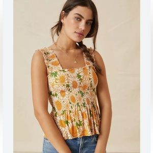 Conditions Apply Katalia Printed Smocked Peplum Tank in Green Motif